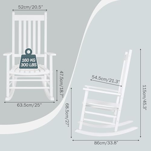 MAMIZO Solid Wood Outdoor Rocking Chair with High Back, All Weather Lounge Chair, Oversized Rocking Chair for Patio, Porch, Fire Pit Garden,Lawn, Balcony, Backyard, Indoor Wooden Rocker(White)