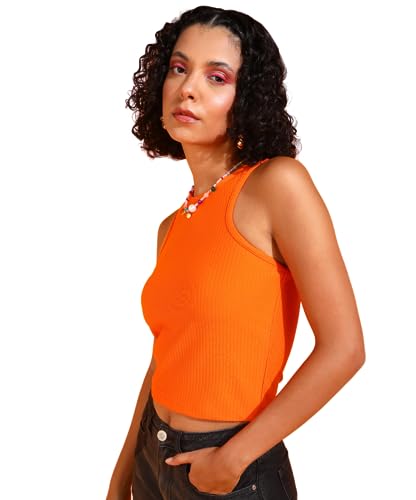 POPWINGS Women Casual Orange Rib Tank Crop Top Tops for Women | Stylish Tops for Women | Trendy Tops Women