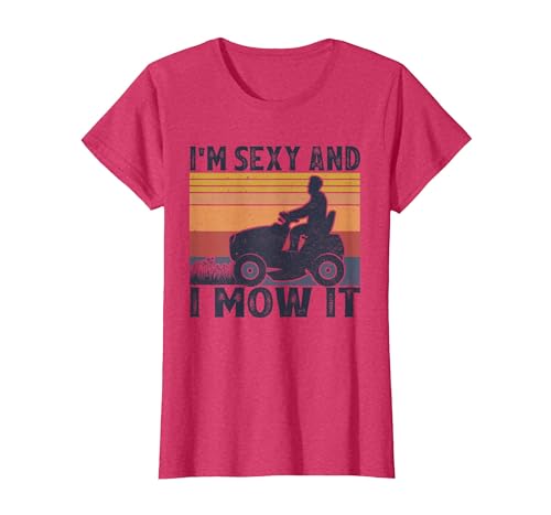 I'm Sexy and I Mow It Vintage Funny Riding Lawn Mower T-Shirt, Women, Red Heather, Small