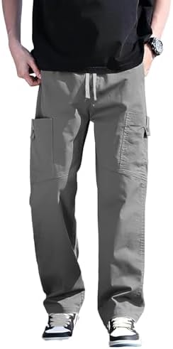SMOWKLY Men’s Cotton Cargo Pants | Casual Trousers for Men | Comfortable Lower for Men | Breathable Pants with 6 Pockets & Drawstring Elastic Waistband (in, Numeric, 34, Regular, Grey)