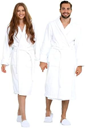 BIOLINEN 100% Cotton Terry Shawl Collar Bathrobe with Slippers – One Robe, Plush Spa Robe for Men & Women, Unisex One Size, White
