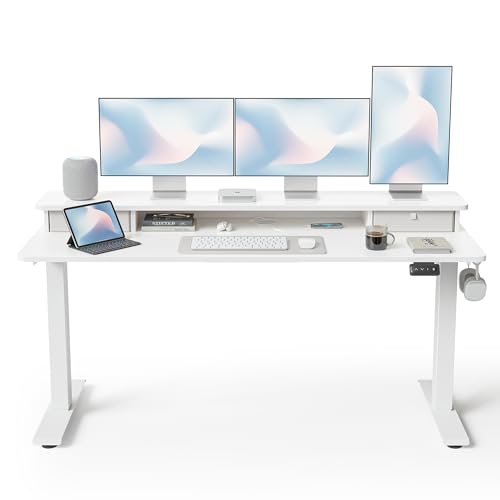Image of FEZIBO 60 x 24 Inch Height Adjustable Electric Standing Desk with Double Drawer, Stand up Home Office Computer Desk with 4 Height-Adjustable Feets & 2 Hooks, White