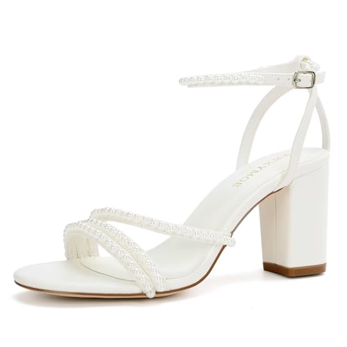 Block Heel Wedding Shoes for Bride Pearl Heels Open Toe Bridal Shoes Chunky Heel Wedding Sandals - Main Image