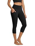 ODODOS High Waist Workout Capris with Pockets for Women, 19" Cropped Length Tummy Control Yoga Capri Leggings, Black, Medium