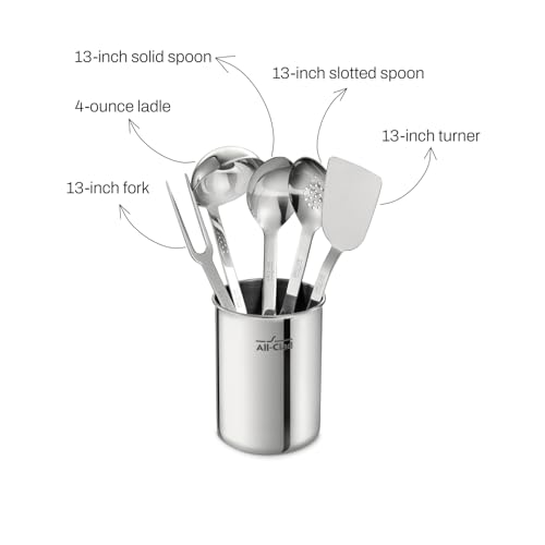Image of All-Clad 5-Piece Stainless Steel Kitchen Utensil Set - Includes Ladle, Solid Spoon, Slotted Spoon, Turner & Storage Caddy - Heavy-Gauge, Ergonomic, Dishwasher Safe, Silver (Pack of 2)