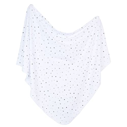 Jersey Cotton Spandex Swaddle Blankets, Receiving Swaddling Blanket 40"X40" With Knot Hat With 2 Mittens Set For Baby Boy Or Girl - Grey Stars #TOP4