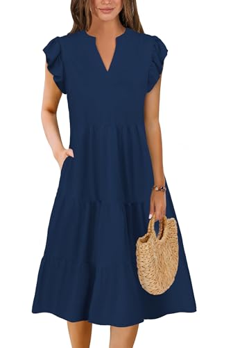 Summer Dresses for Women 2025 Elegant Classy Denim Dress Linen Business Casual Airy Skirt Plus Size T Shirt Midi Beach Clothes Boho Maxi Sundresses Fall Fashion Must Haves Navy Blue XX-Large
