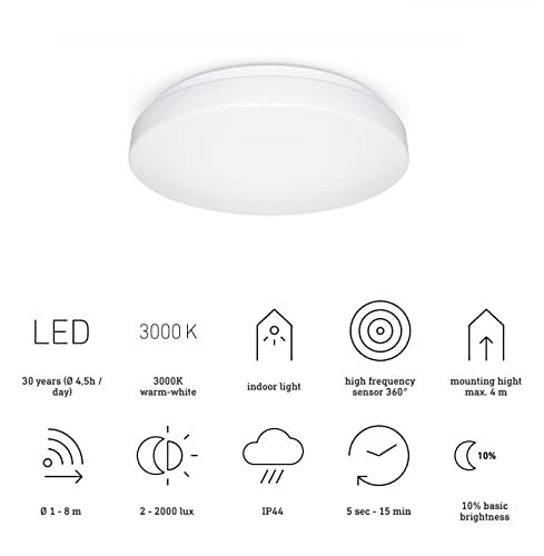 Steinel LED Deckenleuchte RS 20 S - 9,4 W Wandlampe, 942 lm, 360° Bewegungsmelder, Softlichtstart, Nachtlicht, Dauerlicht, Weiß, Warmweiß
