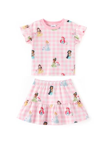 Disney Princess Ariel Belle Cinderella Toddler Girl 2 Piece Outfit Flutter Short Sleeve Skirt Set Ruffle Top & Skort Birthday Party Dress Sets Summer Cute Clothes Casual Gift Pink 4-5T