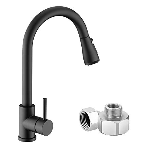 Black Kitchen Faucet With Pull Down Sprayer, Vfauosit Industrial Commercial Stainless Steel Single Handle Single Hole Rv Laundry Pull Down Kitchen Sink Faucets Matte Black With 1/2” Female Adapters #TOP15