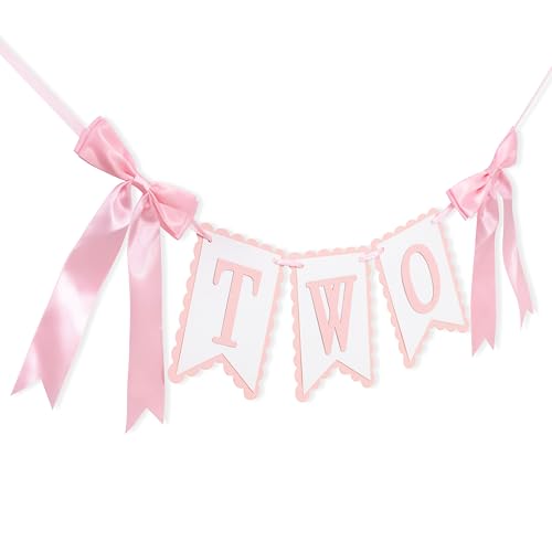 Image of Bow Two Birthday High Chair Banner,Pink Bow 2nd Party Decoration | Coquette Two High Chair Banner,Coquette 2nd Birthday Photo Prop