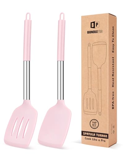 Image of Pack of 2 Silicone Solid Turner, Non Stick Slotted Kitchen Spatulas, High Heat Resistant BPA Free Cooking Utensils, Ideal Cookware for Fish, Eggs, Pancakes(Pink)