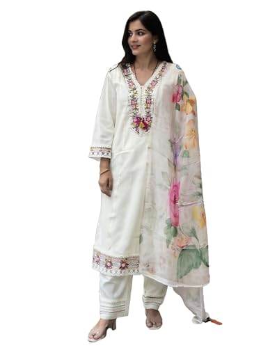 Image of INDO ERA Women's Liva Floral Embroidered Thread Work A-Line Kurta & Pant with Dupatta Set | Anarkali Kurta Set With Dupatta
