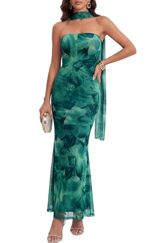 Image of LUXVEER Women's Strapless Tube Dress Mesh Floral Summer Bodycon Long Maxi Cocktail Party Wedding Guest Dresses with Scarf
