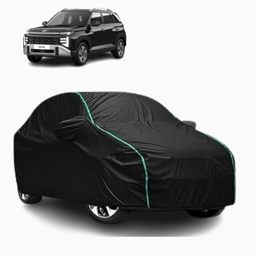 Image of Waterproof Car Body Cover for Hyundai Venue (2015-2026) with Mirror Pocket, UV Protection, Buckle Belt, 100% Water-Resistant (Black)