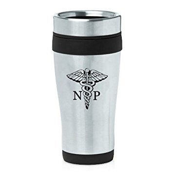MIP Brand 16oz Insulated Stainless Steel Travel Mug NP Nurse Practitioner Caduceus (Black)