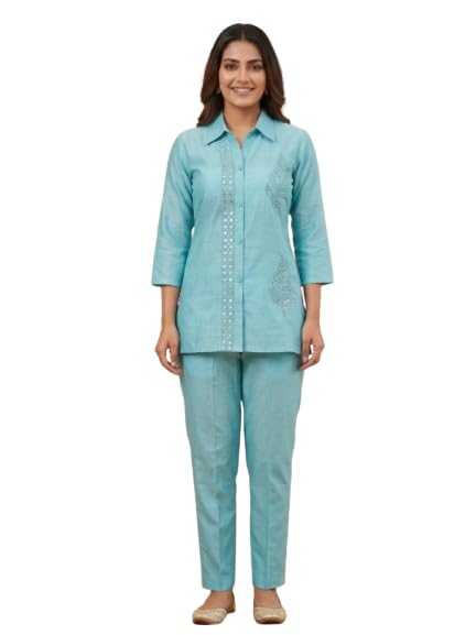 Fashion World Women’s Cotton Sky Blue Co-ord Set | Embroidered Shirt with Trousers | Ethnic Wear Suit Set for Women | Sky Blue-picture-10