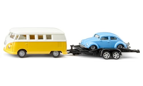 siku 2567, VW T1 Samba avec remorque de transport et VW Coccinelle, 1:50, Métal/plastique, Multicolore, Surface de chargement basculante