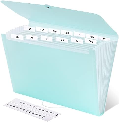 Expanding File Folder, 13 Pockets Accordion File Organizer, Large Capacity File Organizer for Letter Size / A4 Paper Light Green