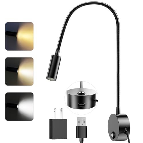 Image of ERAY Wall Mounted LED Reading Light with Remote Control, Dimmable Book Light with USB Charging Port & 15 inch Flexible Gooseneck, Plug in Headboard Bed Lights, 3 Colors Temperature, Touch Control-1 Pack