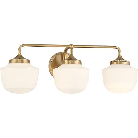 Minka Lavery 2573-575 Cornwell Round Backplate with Etched Opal Glass Schoolhouse Bath Vanity Wall Light, 3-Light 180 Total Watts, 8" H x 23" W, Antique Noble Brass Cover