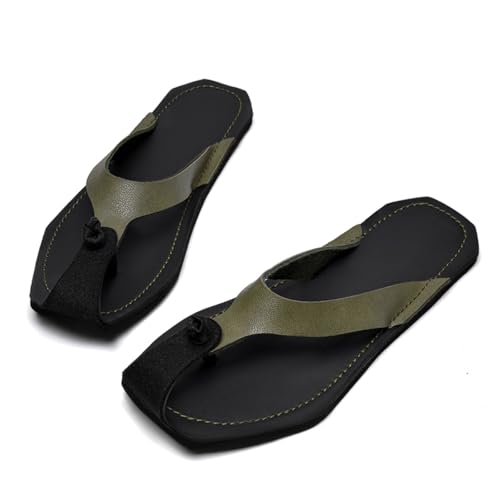 Men's Genuine Leather Wide Box Flat Flip-Flops Comfortable Slip On Soft Sole Outdoor Walking Thong Slides Sandals For Summer Beach Leisure Daily
