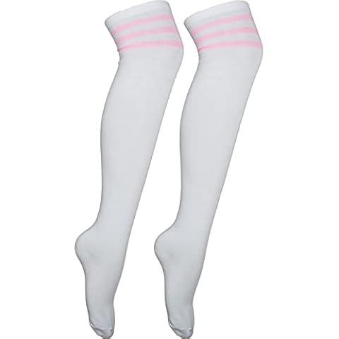Knee Thigh High Sock Cheerleader Pub Golf Sport Stripe Socks White/Pink Stripe Cover