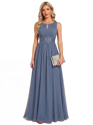 Image of Ever-Pretty Women's Chiffon Sleeveles Summer Formal Wedding Guest Dresses Ruched A Line Hollow Out Crew Neck Bridesmaid Dress