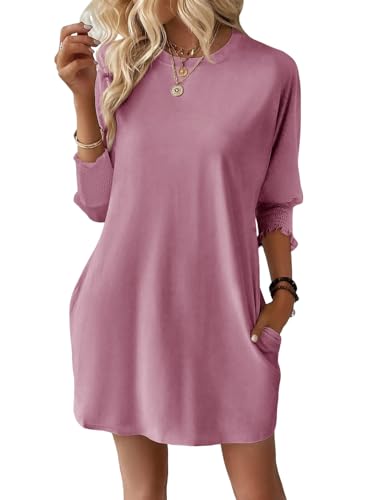 Image of Dokotoo Womens Dresses 2025 Spring 3 /4 Sleeve Fashion Dresses Crewneck Casual Mini Dress with Pockets S-XL