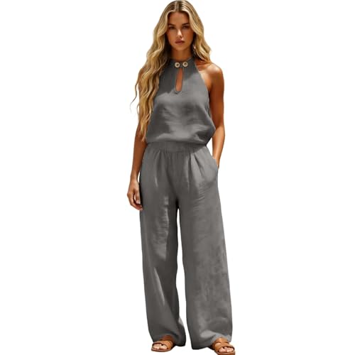 Mono de pierna ancha para mujer elegante sin mangas con bolsillos