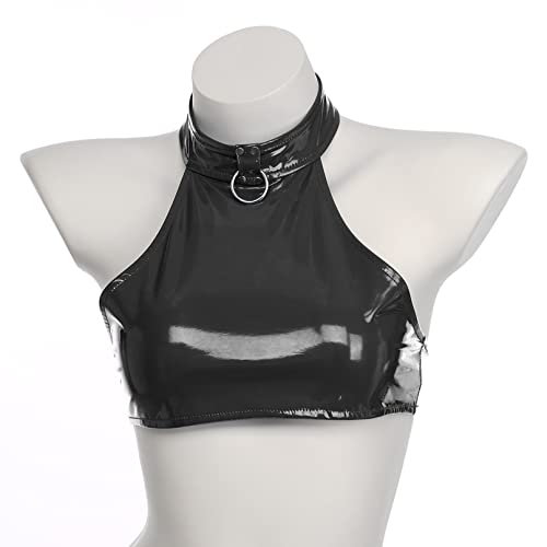 YiZYiF Women's Patent Leather Solid Clubwear Crop Tops Zipper Back Cropped Vest Tank Latex Tops4