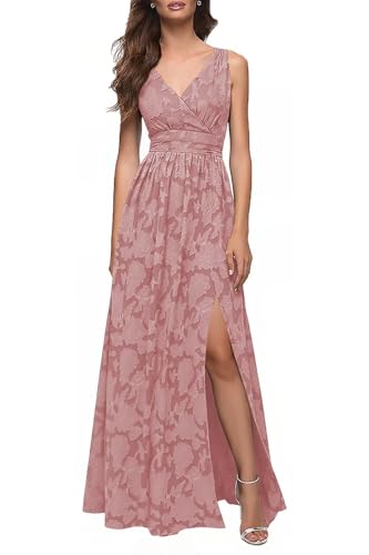 Floral Bridesmaid Dresses with Slit Embroided V Neck Party Formal Maxi Dress for Women LA117
