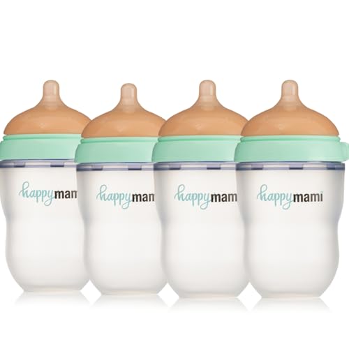 Happymami, Set aus 4 personalisierbaren Babyflaschen, Sauger aus medizinischem Silikon, doppeltes Anti-Kolik-System, spülmaschinen- und flaschenwärmergeeignet (Türkis 250 ml)