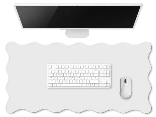 Hahafelt Scalloped Desk Mat Large Desk Pad Cute Coquette Table Mat Back to School Preppy Table Make up Pad Nonslip Graduation Gift with Stitching Waterproof Gaming(White,23.6 x 13.8 Inches)