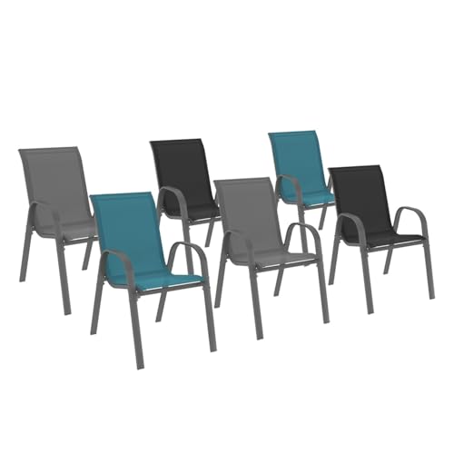 IDMarket - Lot de 6 chaises de Jardin LYMA métal et textilène empilables Gris, Noir et Bleu