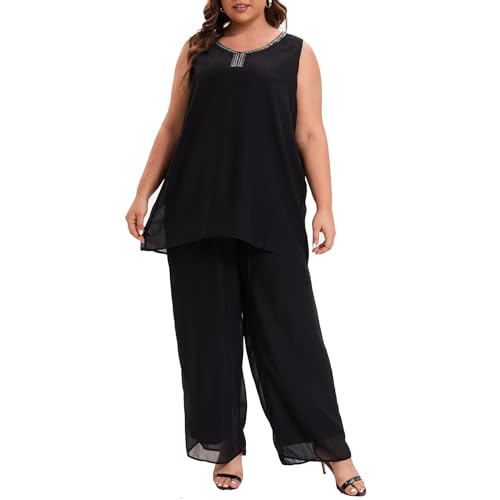 Plus Size Mother of Bride Pant Suits 3 Piece Chiffon Party Sets Handmade Sequins Wedding Guest Outfit3