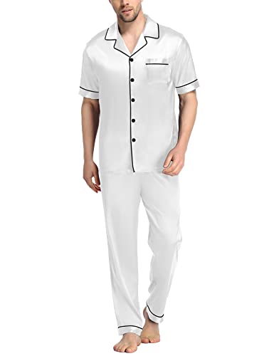 Image of SWOMOG Mens Satin Pajama Set Short Sleeve Classic Sleepwear Button Down Silky Loungewear with Long Pants