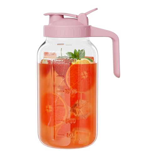 Image of Glass Mason Jar Pitcher, 64 oz Wide Mouth Jug with Pour Spout Handle Lid for Cold Brew Coffee, Ice Beverage, Iced Juice, Lemonade, Sun Tea, Fruit Drinks Container(Pink)