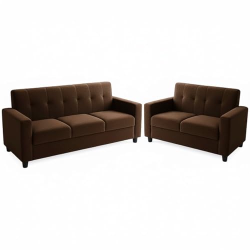Image of FURNY Homeoy 5 Seater Fabric 3+2 Sofa Set (Dark Brown) Premium Velvet Finish | Durable Comfort | Ideal for Living Room