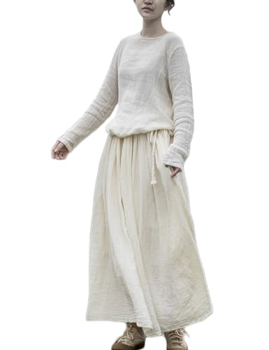 Womens Summer Gauze Cotton Long Sleeve Round Neck Drawstring Waist Casual Maxi Tunic Dresses