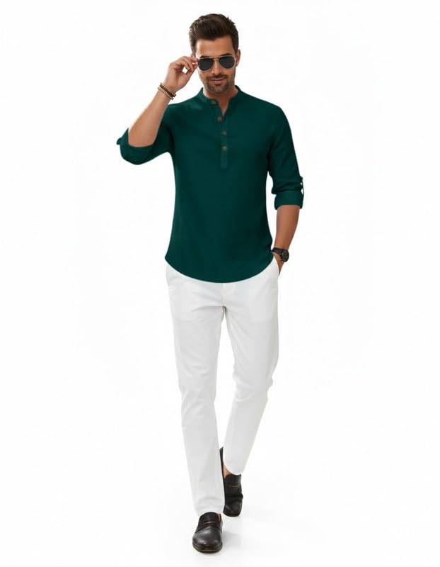 Image of Macsivo Men's Cotton Blend Solid Short Kurta with Regular Lenth Mandarin Neck Full Sleeves and roll-up tab| Kurta Style Shirt for Men