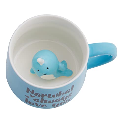 Szoyeay Narwhal Ceramic Cup Hidden 3D Animal Inside Mug,12 oz Cute Cartoon Handmade Figurine Mugs,Christmas Birthday Surprise for Friends Family or Kids (12 oz, Blue Narwhal)