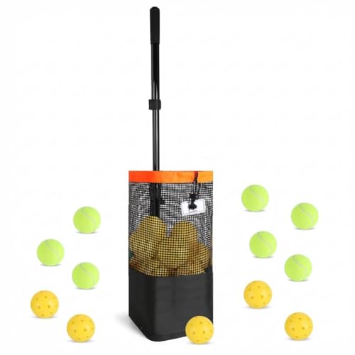 Flycoop Pickleball & Tennis Ball Picker Upper Ball Collector Hopper Holds 60 Tennis Balls or 50 Pickleballs Adjustable 48112cm Handle Heavy-Duty Spring Ball Retriever for Training & Court Practice