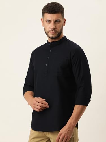 Image of KRYPTIC Men's Full Sleeve Regular Fit Short Kurta in Premium Pure Cotton with Patch Pocket and Mandarin Collar - Perfect Blend of Style and Comfort