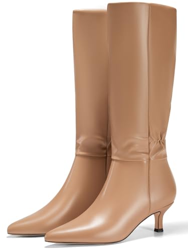 Coutgo Womens Kitten Heel Knee High Boots Pointed Toe Tall Boots Pull On Winter Dress Long Boot Shoes4