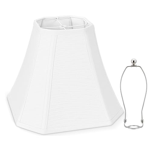 Image of 1-Pack White Square Cut Corner Lamp Shade, Includes Harp, 6.5 inch Top x 13 inch Bottom x 10.8 inch Height, Spider Fitter - Medium Lampshade for Table Lamps, Classic Fabric shade, Modern & Minimalist Home Decor.