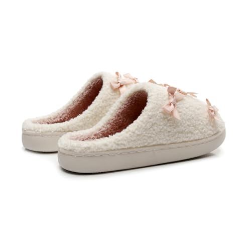 Fuzzy Bow Slippers for Women Men Velvet Warm House Shoes with Cute Big or Small Bows Winter Indoor Comfy Memory Foam Slippers4