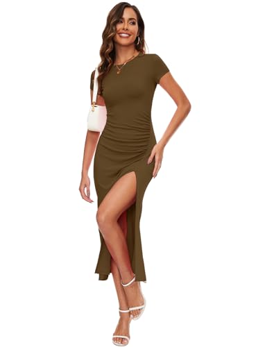 Image of NOVANDO Casual Short Sleeve Ruched Cotton Bodycon Midi Dress for Women 2024 Summer Crew Neck Party Club T Shirt Dress