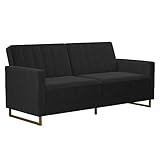 Novogratz Skylar 77 Inch Futon Sofa Bed in Velvet Fabric, Industrial Modern Upholstered Couch Sleeper with Black Metal Legs, Black