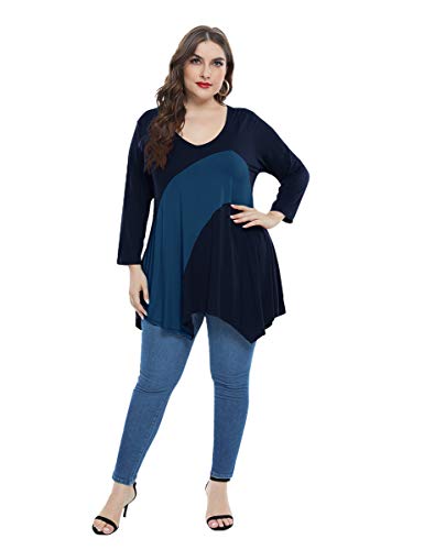 Larace Color Block 3/4 Sleeves Tops For Women Plus Size Tunic V-Neck Flattering Handkerchief Tee Shirt(Navy Blue 2X) #TOP1